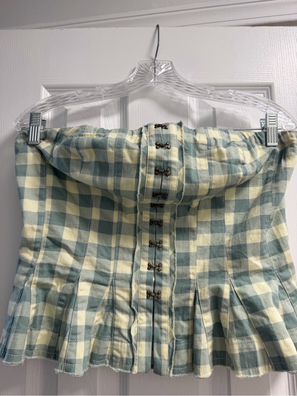 Free People Gingham Strapless Corset Top in Pale Yellow and Turquoise